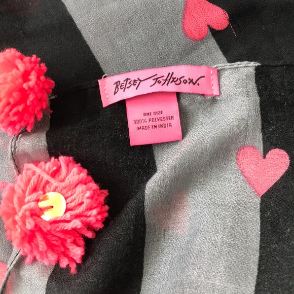 Betsey Johnson Black, Gray, Pink Scarf W/ PomPoms - Picture 4 of 4